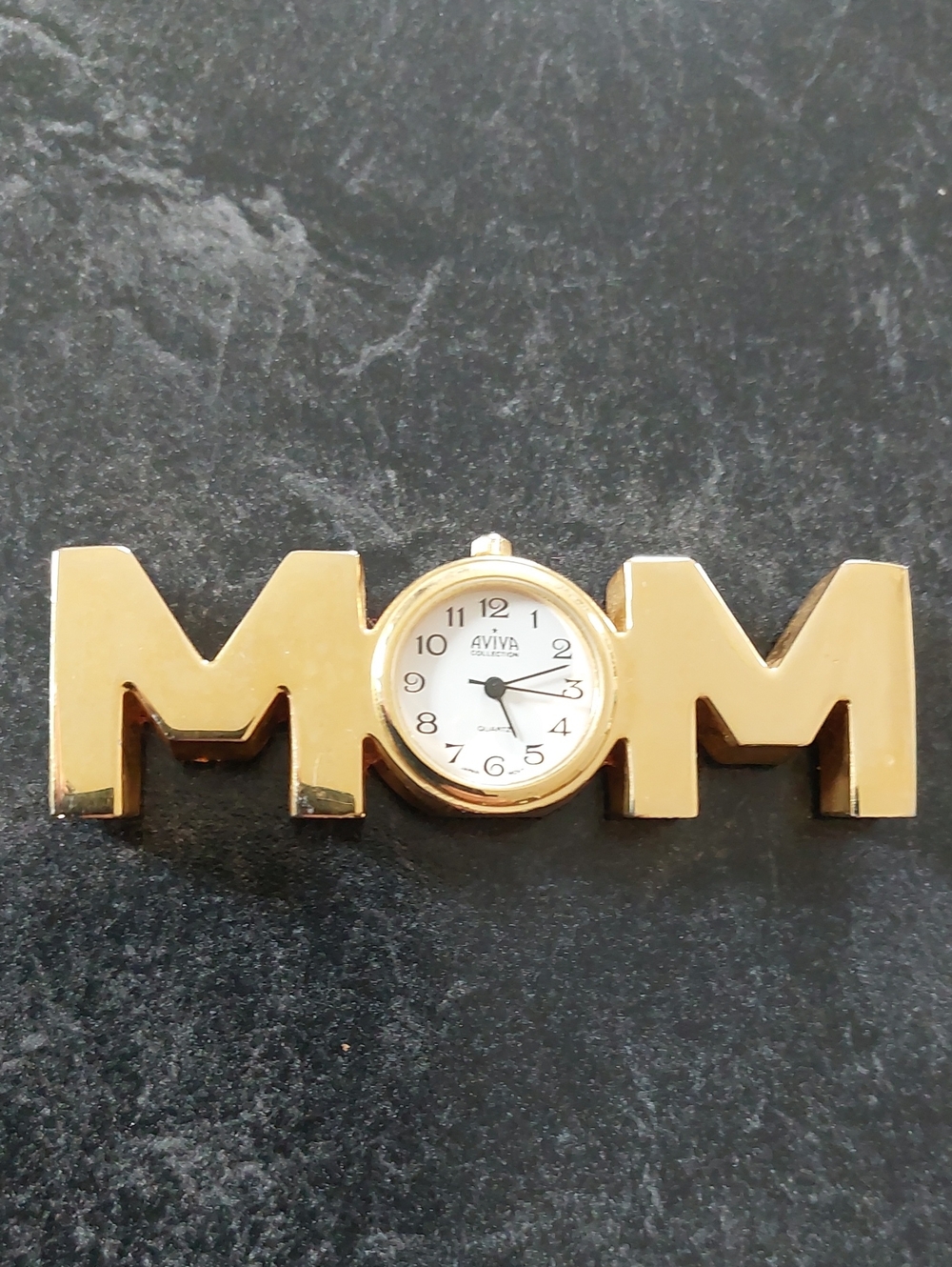 Vintage 80s 90s Aviva Collection Gold-Tone "MOM" Miniature  Desk Clock